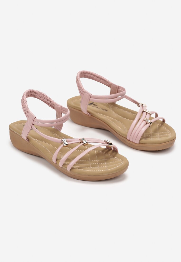 Różowe Wsuwane Sandały z Cienkimi Rzemykami Ozdobionymi Cyrkoniami Inoza