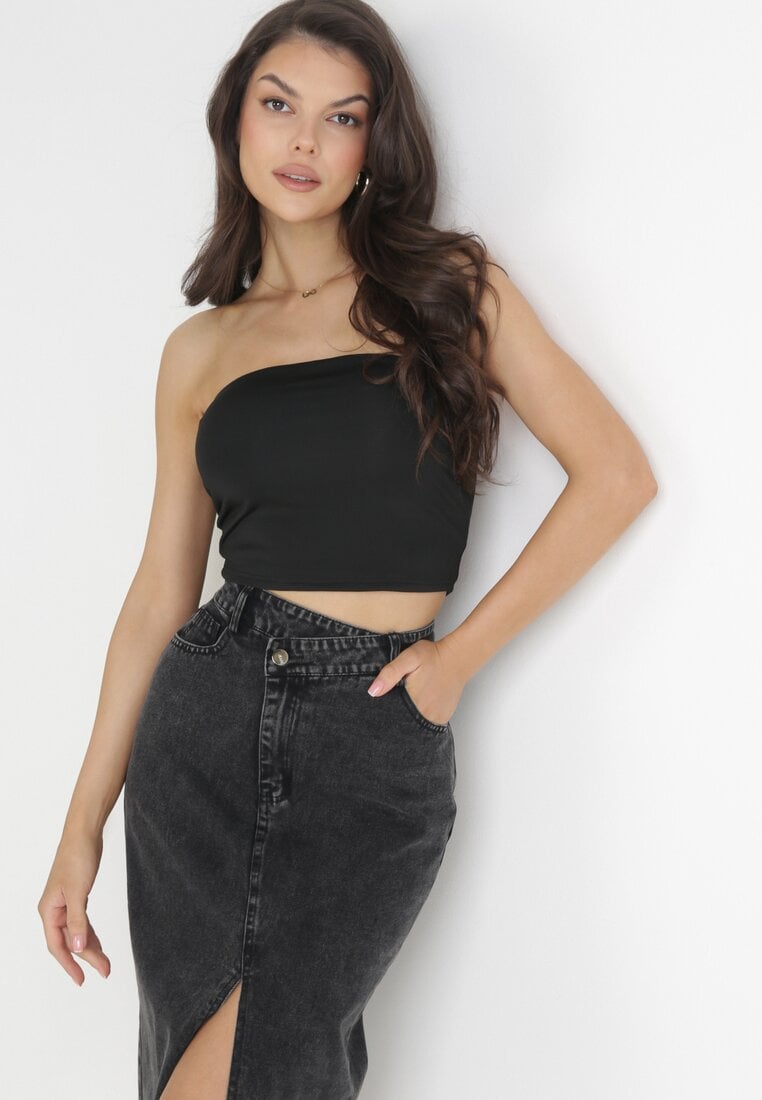 Czarna Jeansowa Spódnica Midi z Wysokim Stanem i Rozcięciem Tariva