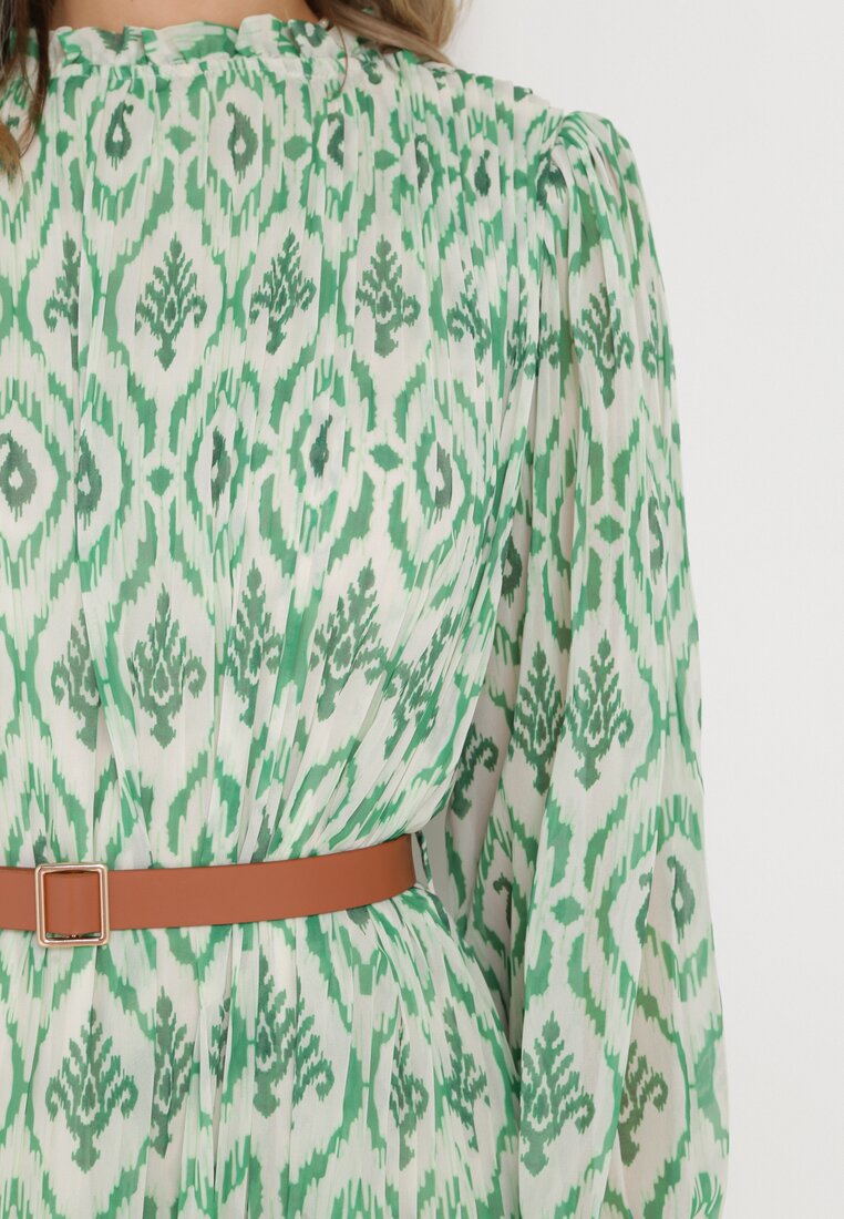 Zielona Plisowana Sukienka Midi z Paskiem z Klamrą Cascarria
