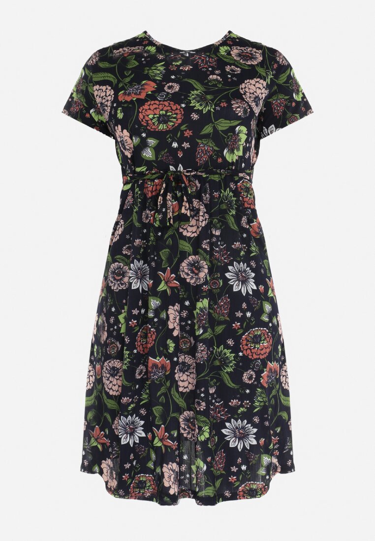 Granatowo-Ciemnoróżowa Rozkloszowana Sukienka w Kwiaty Pivona