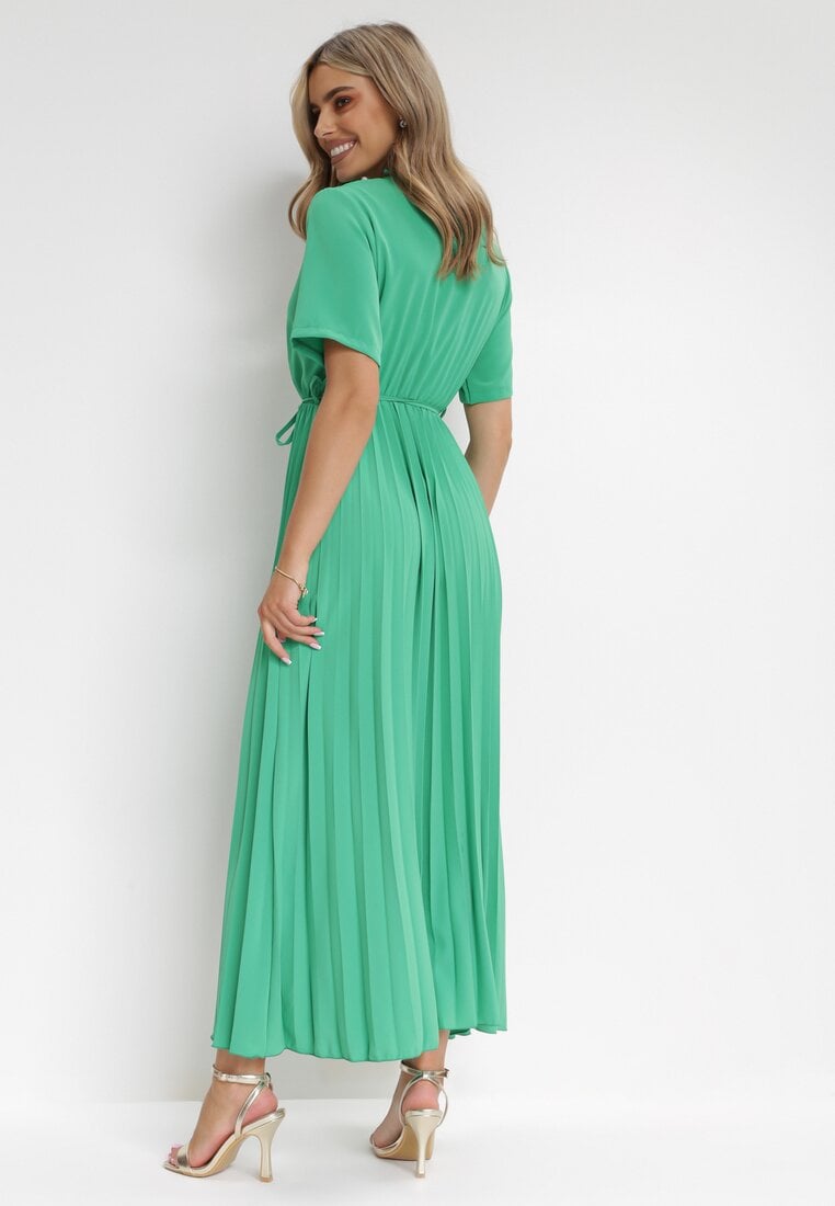 Zielona Sukienka Plisowana Maxi z Wiązanym Paskiem Dianiza