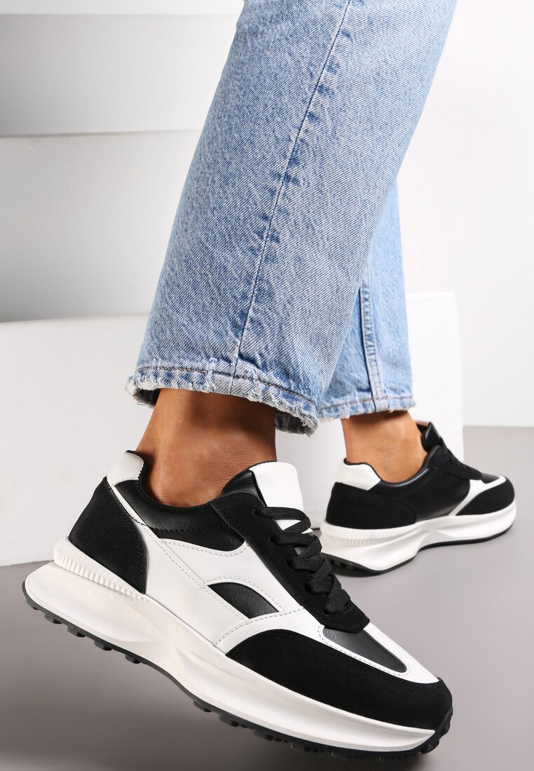 Czarne Sneakersy na Grubej Podeszwie z Modnymi Wstawkami Amonia