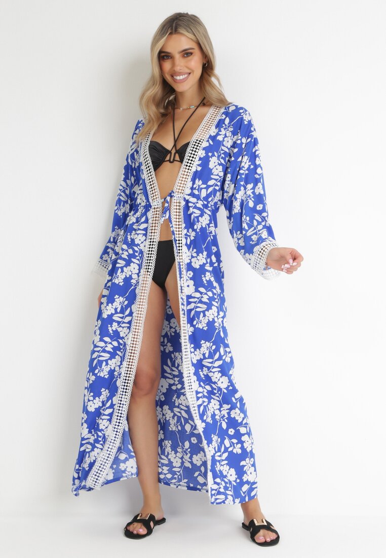Niebieska Wiskozowa Narzutka Sukienka Maxi ze Ściągaczem w Pasie i Koronkowymi Wstawkami Navie