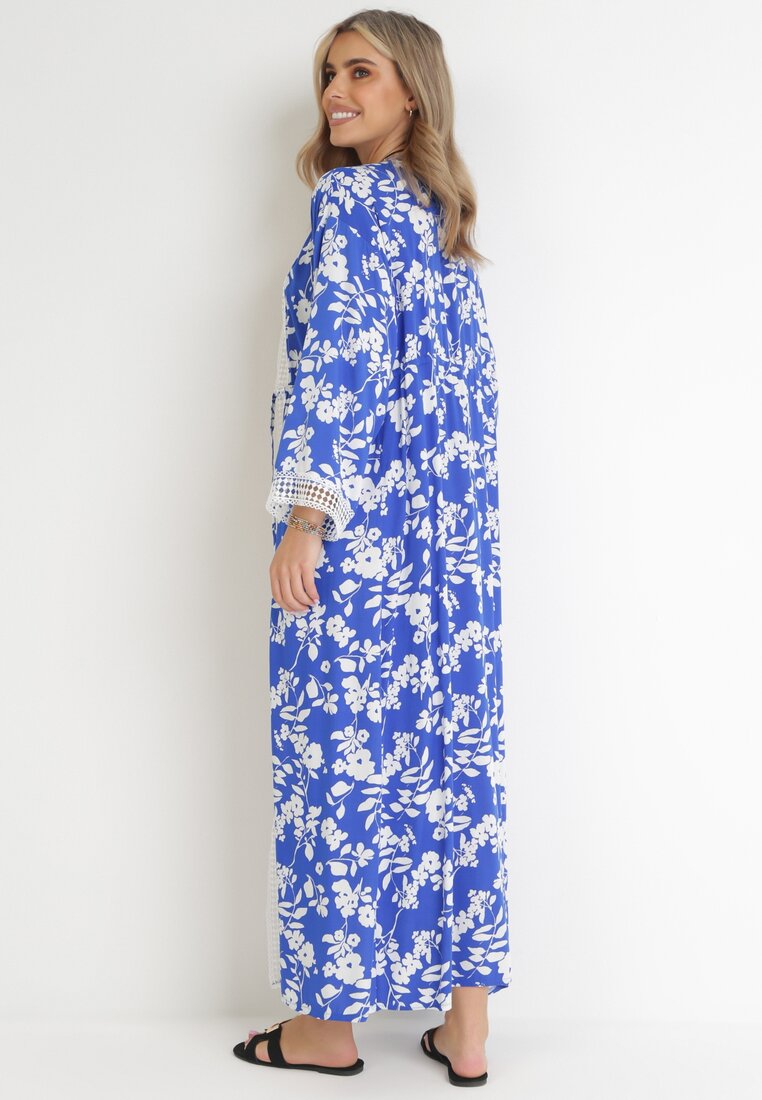 Niebieska Wiskozowa Narzutka Sukienka Maxi ze Ściągaczem w Pasie i Koronkowymi Wstawkami Navie