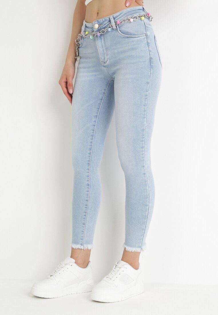 Niebieskie Jeansy Skinny z Łańcuszkiem z Koralikami Yordano