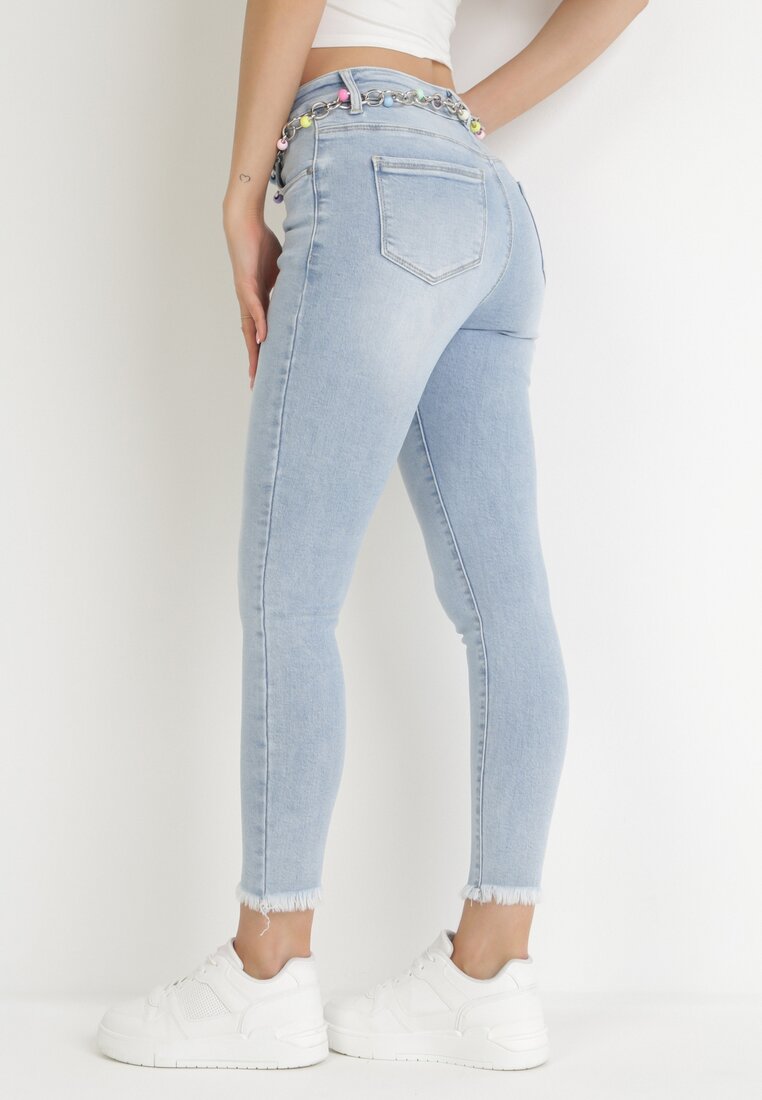 Niebieskie Jeansy Skinny z Łańcuszkiem z Koralikami Yordano