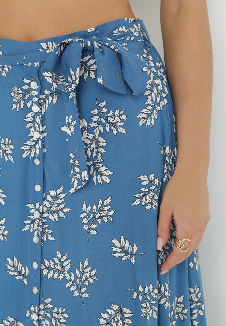Niebieska Spódnica Midi z Materiałowym Paskiem w Kwiaty Lulika