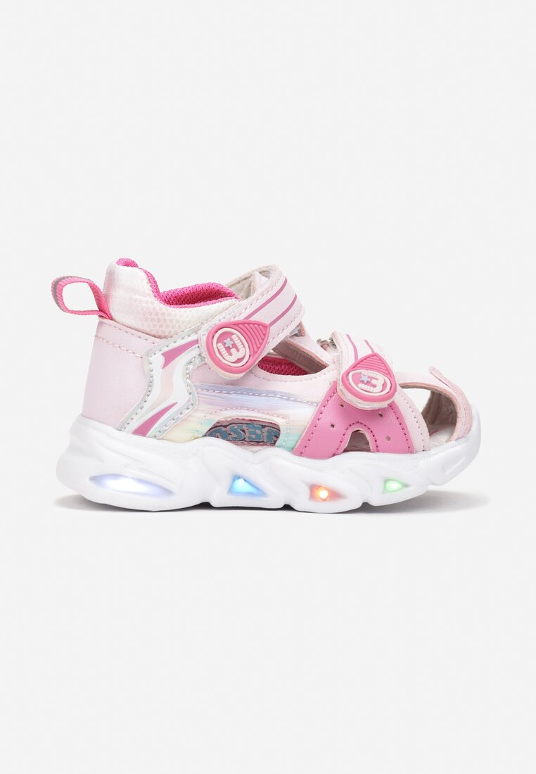 Różowe Sandały na Świecącej Podeszwie ze Skórzaną Wkładką i Rzepami Kaira