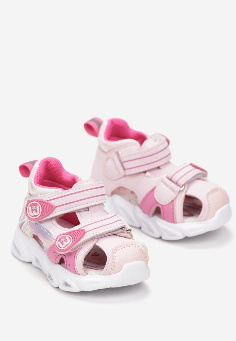 Różowe Sandały na Świecącej Podeszwie ze Skórzaną Wkładką i Rzepami Kaira