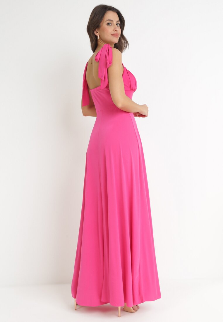 Ciemnoróżowa Rozkloszowana Sukienka Maxi z Wiązanymi Ramiączkami Lisija