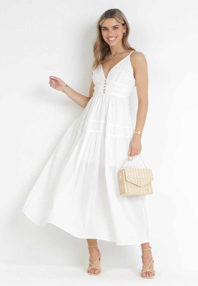 Biała Rozkloszowana Sukienka Maxi na Cienkich Ramiączkach Isarta