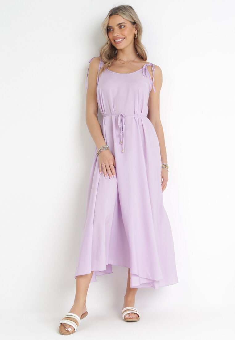 Fioletowa Trapezowa Sukienka z Wiązanymi Ramiączkami i Sznurkiem w Talii Feminia
