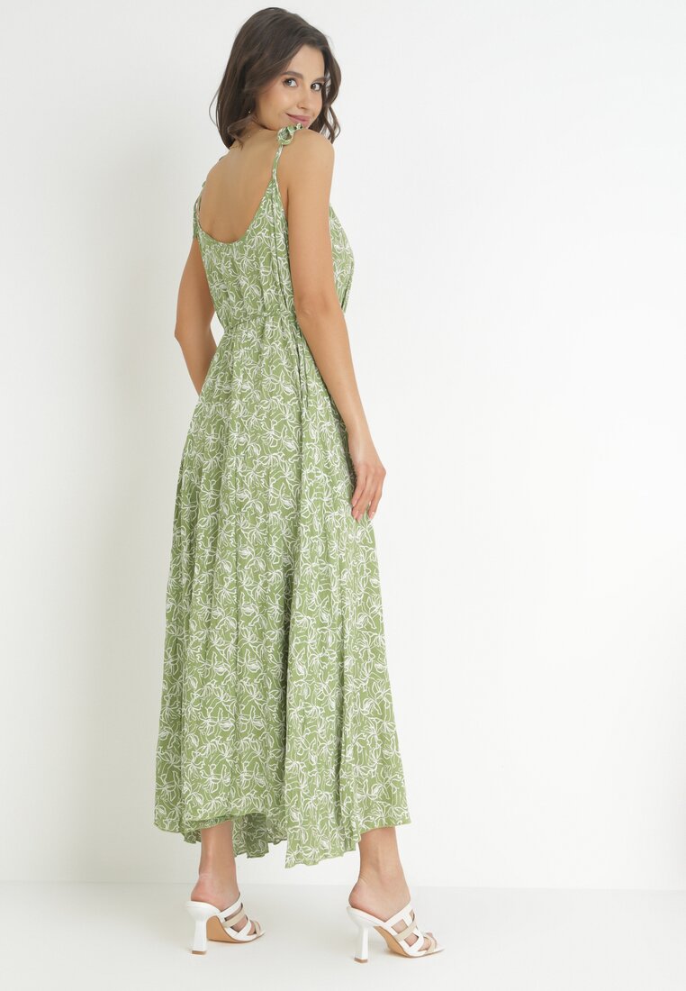 Zielona Rozkloszowana Sukienka Maxi z Wiązanymi Ramiączkami Brigidia