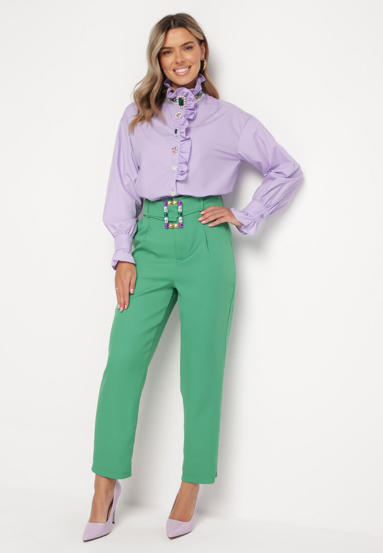 Zielone Eleganckie Spodnie Cygaretki z Wysokim Stanem i Paskiem z Klamerką Consttina
