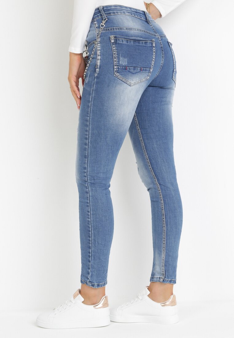 Granatowe Jeansy Skinny z Łańcuchem i Przetarciami Sildei