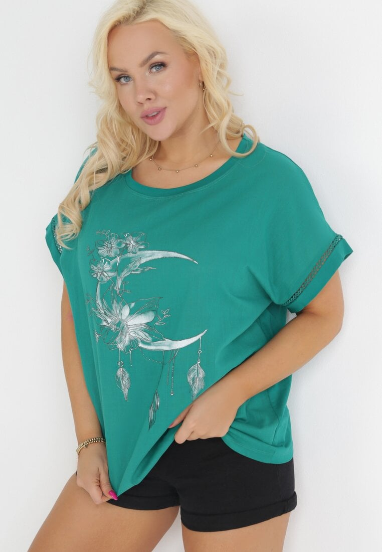 Zielona Bawełniana Bluzka z Błyszczącym Nadrukiem Scartis