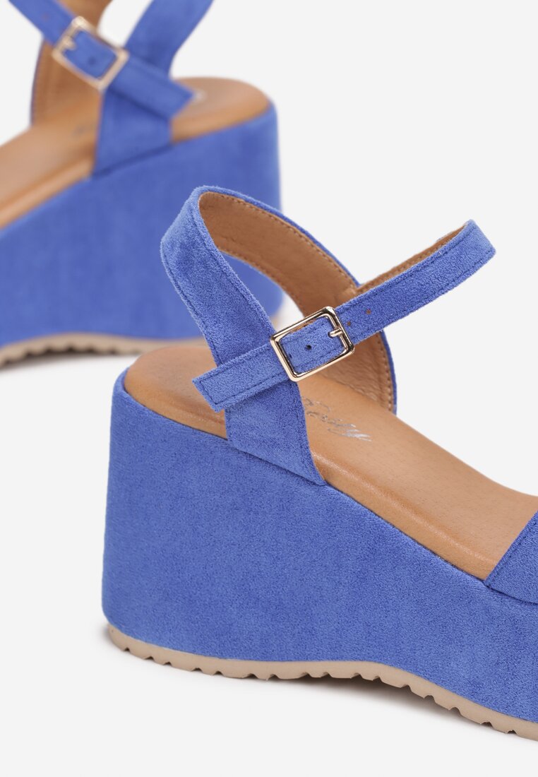Niebieskie Sandały na Koturnie z Imitacji Zamszu Maacan