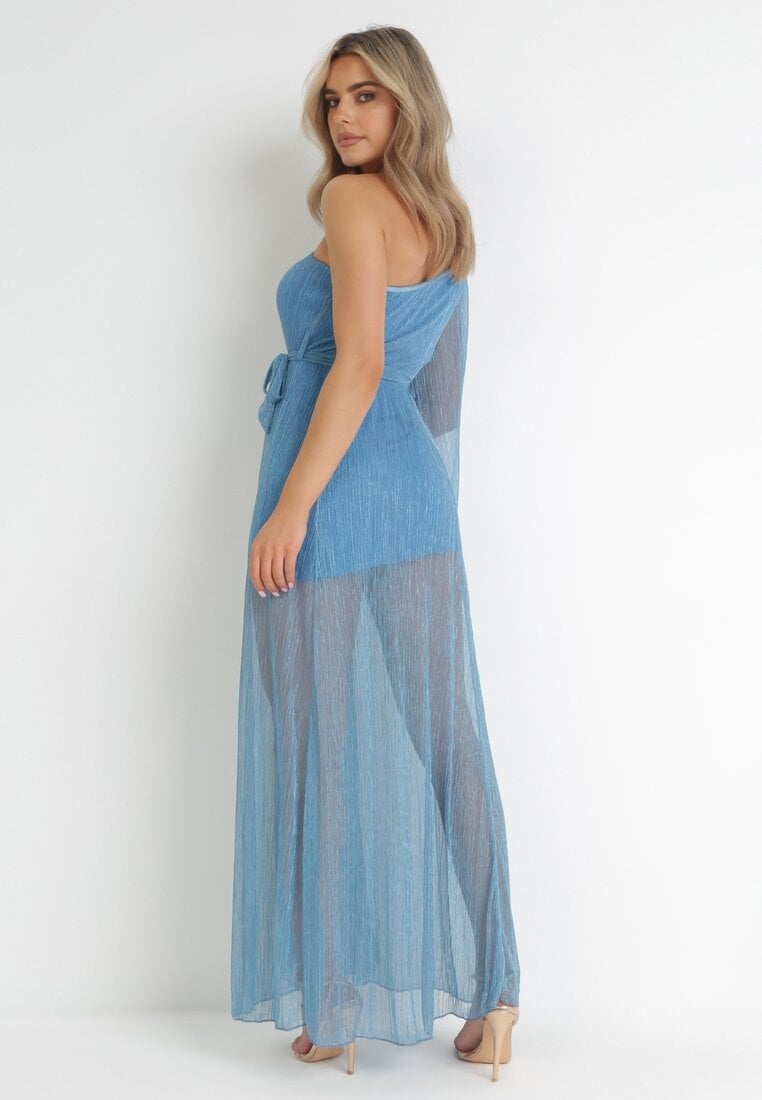 Niebieska Asymetryczna Sukienka Maxi na Jedno Ramię Wiązana w Pasie Lilini