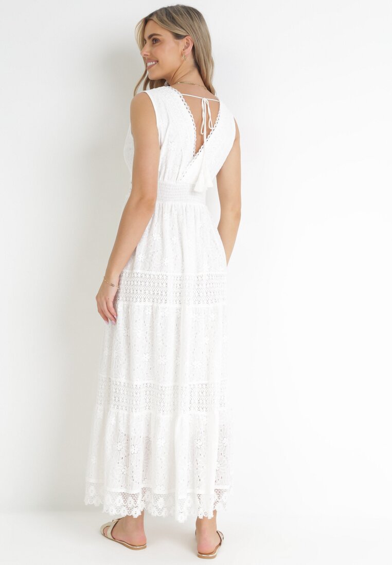 Biała Koronkowa Sukienka Maxi z Kopertowym Dekoltem i Wiązaniem na Plecach Hossia