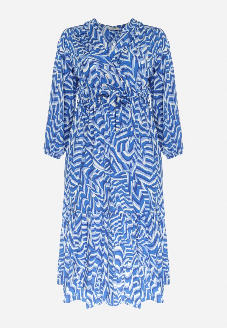 Niebieska Kopertowa Sukienka Maxi z Wiązanym Paskiem Aprlia