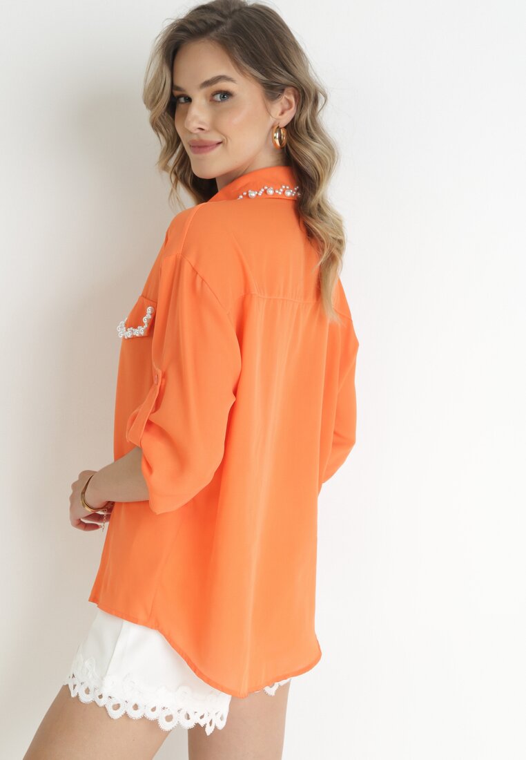 Pomarańczowa Koszula z Podpinanymi Rękawami i Perełkami Dorval