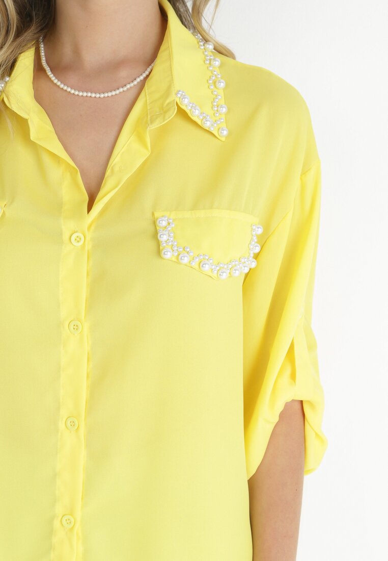 Żółta Koszula z Podpinanymi Rękawami i Perełkami Dorval
