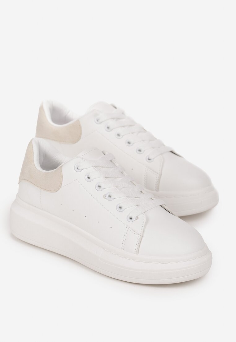Biało Beżowe Sneakersy z Ozdobnym Zapiętkiem Erita