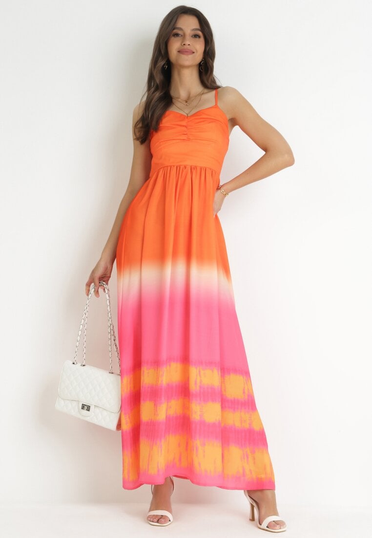 Pomarańczowa Rozkloszowana Sukienka Maxi na Ramiączkach z Cienkimi Gumkami w Pasie Kaloia
