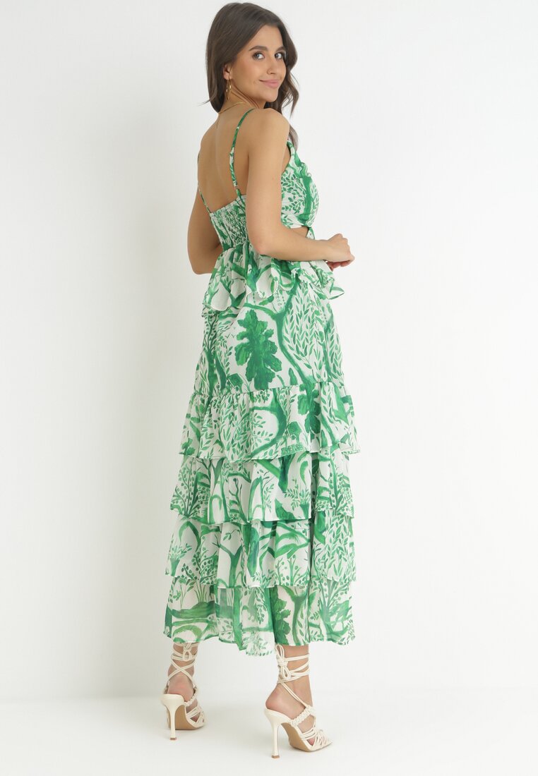 Zielona Rozkloszowana Sukienka Maxi na Cienkich Ramiączkach Betta