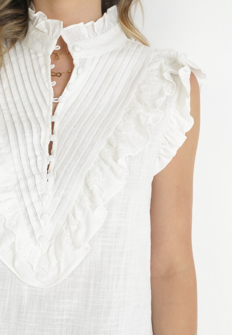 Biała Bluzka z Falbankami bez Rękawów z Lnem Jessam