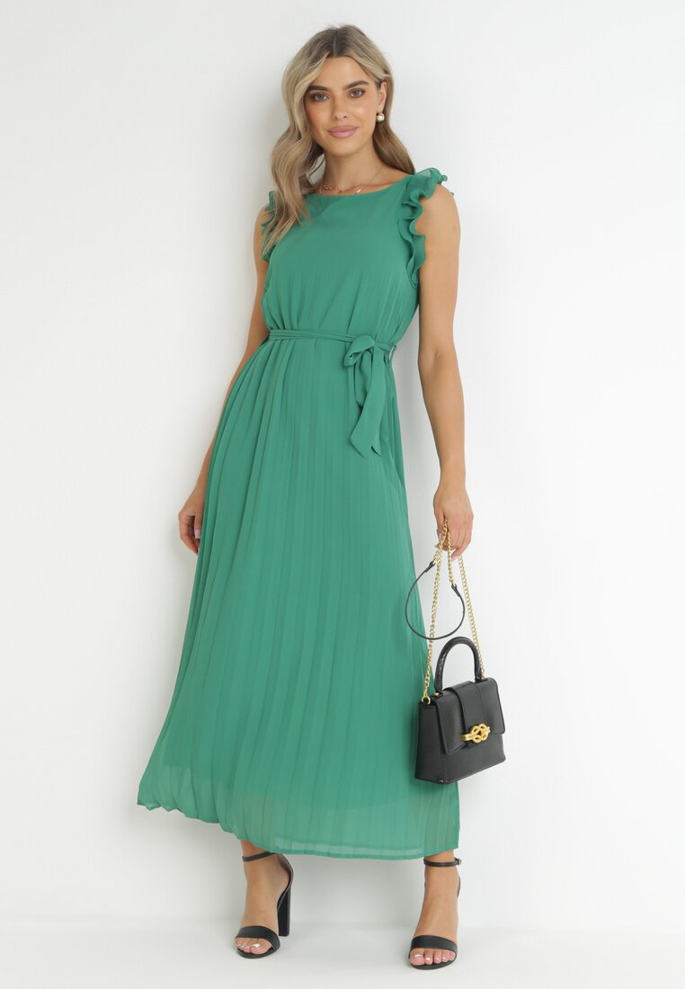 Zielona Plisowana Sukienka Maxi z Falbankami Avalie