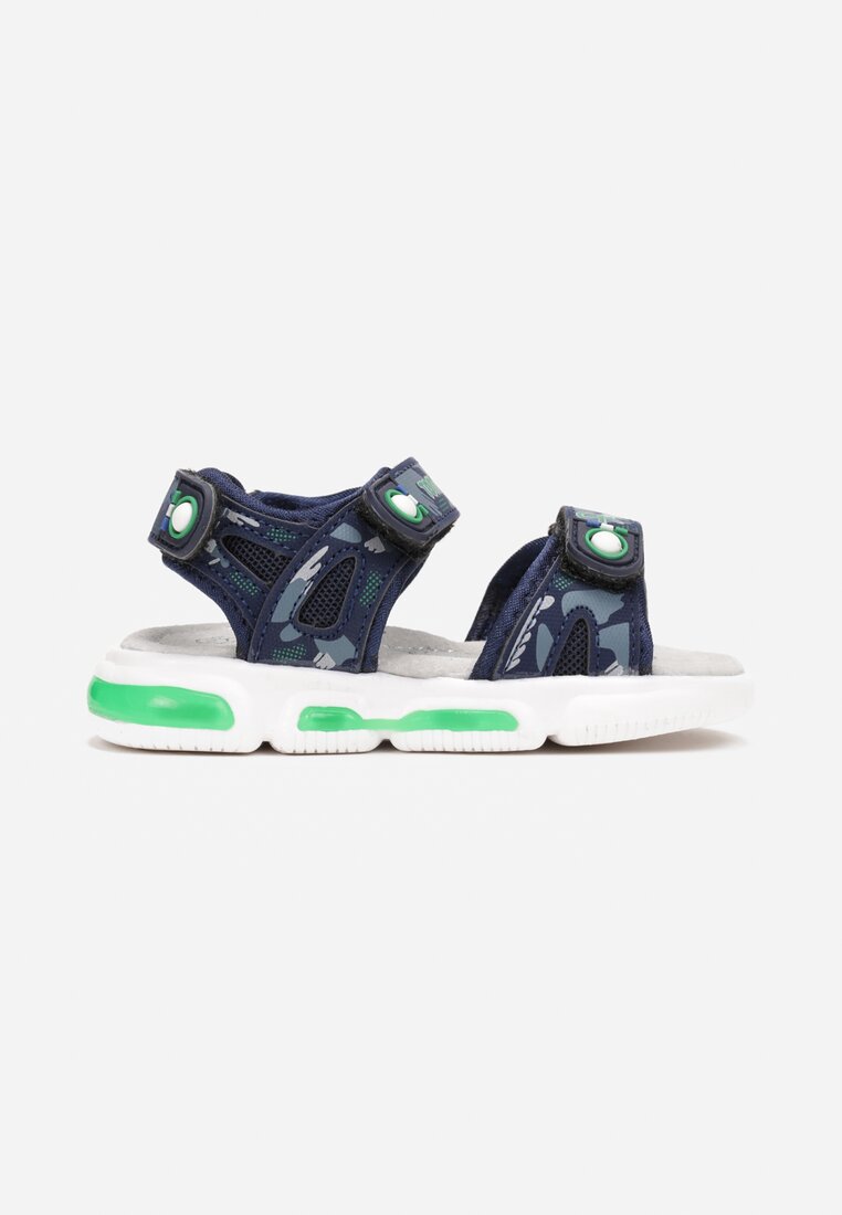 Niebiesko-Zielone Płaskie Sandały z Diodami i Rzepem ze Skórzaną Wkładką Herana