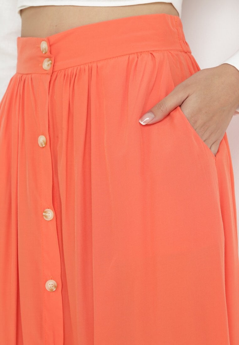 Pomarańczowa Spódnica Maxi z Guzikami i Gumką w Pasie Aurorsa