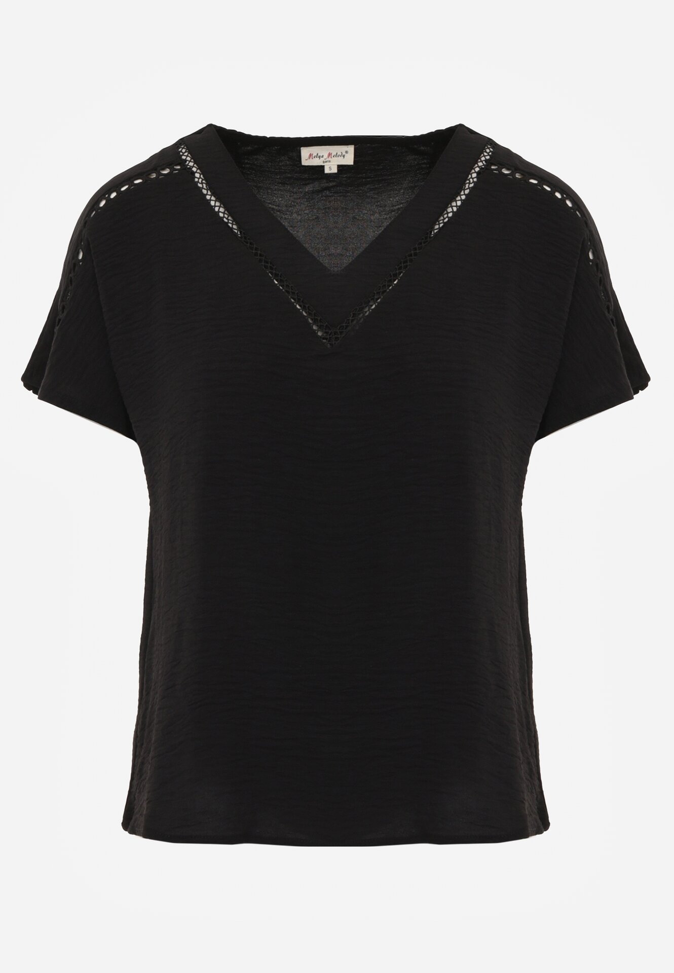 Czarna Bluzka z Rozszerzanym Dołem i Ażurowymi Wstawkami Urinity