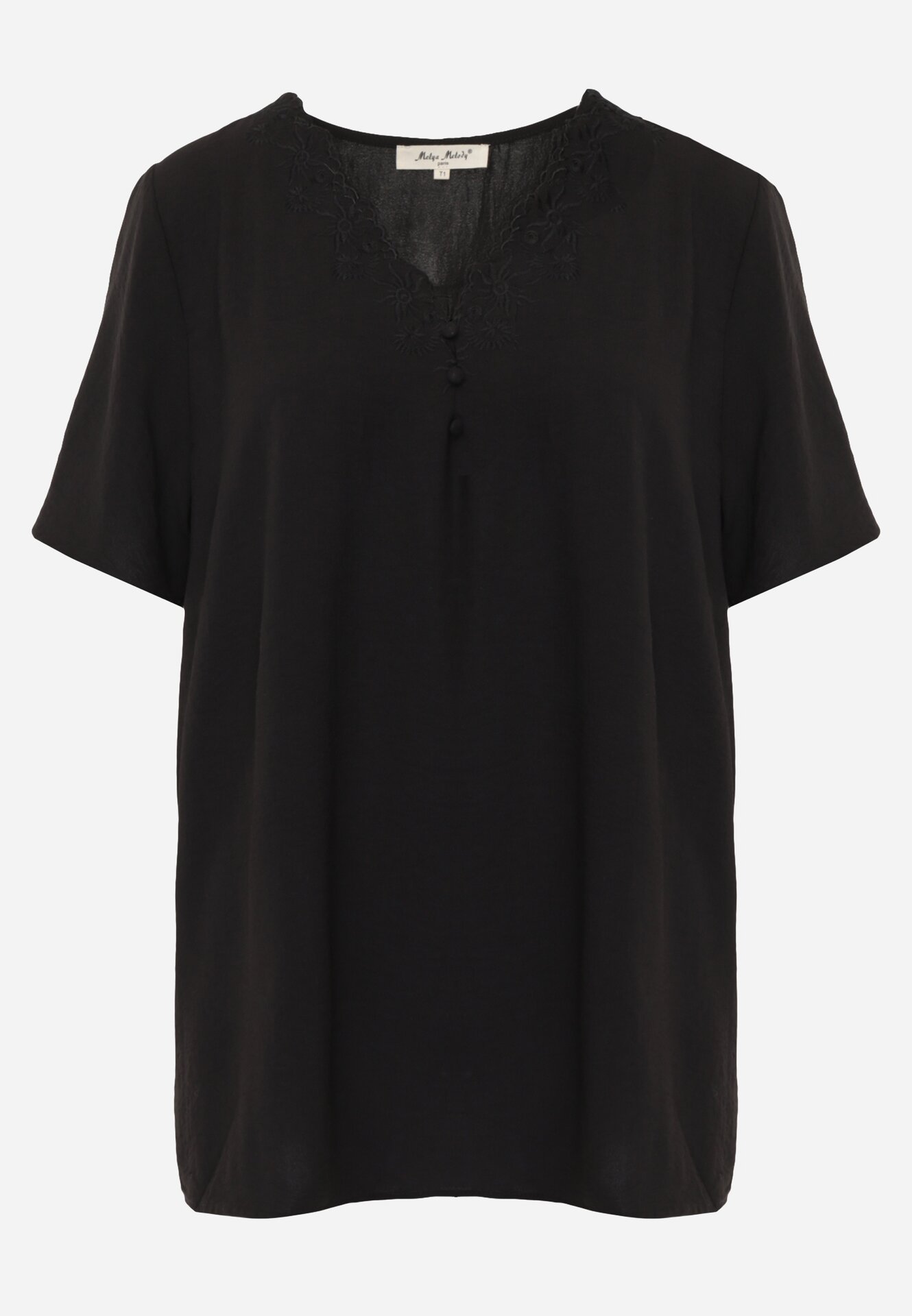 Czarna Bluzka z Krótkimi Rękawami i Ozdobnym Haftem Emmania