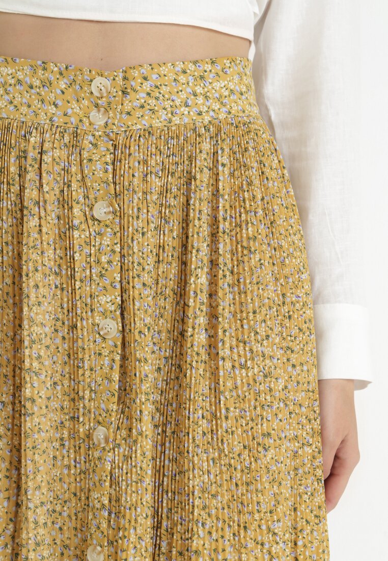 Żółta Rozkloszowana Spódnica z Wiskozy Plisowana Jasmines