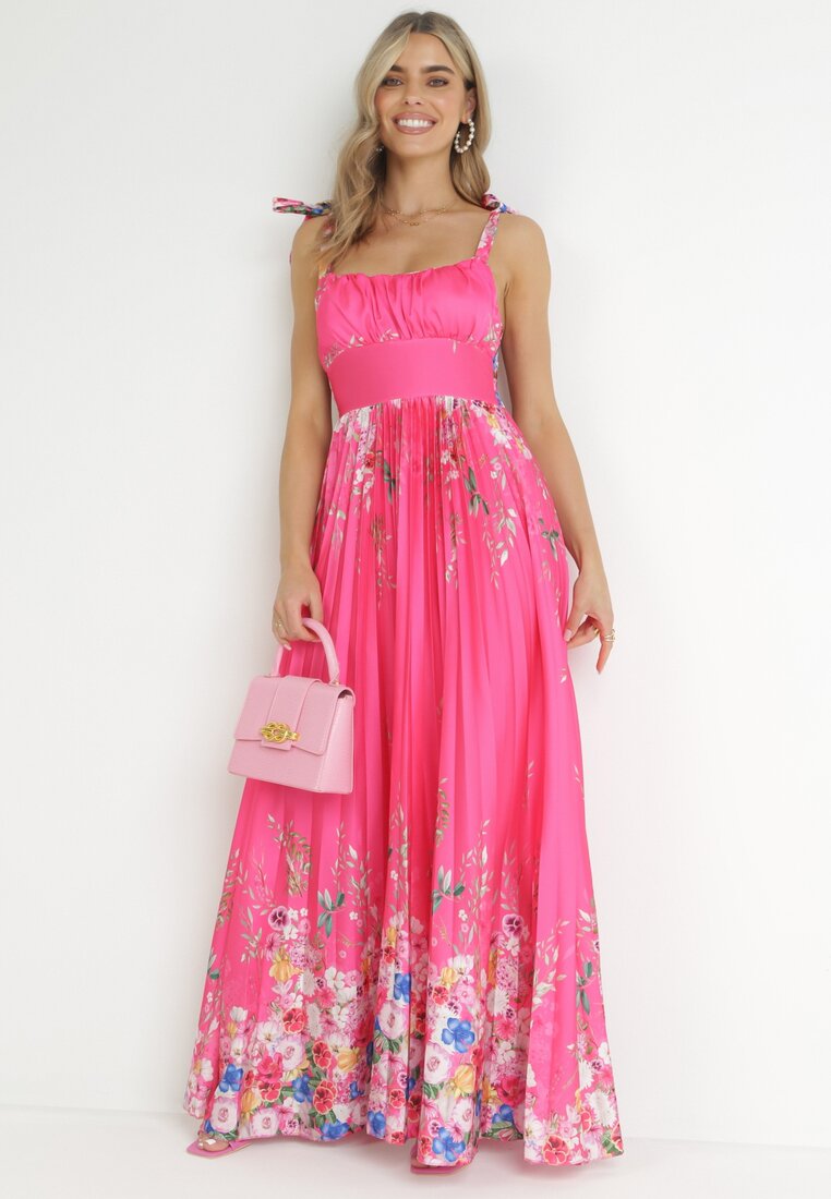 Fuksjowa Sukienka Maxi na Ramiączkach z Cienkimi Gumkami i Plisowanym Dołem Sidona
