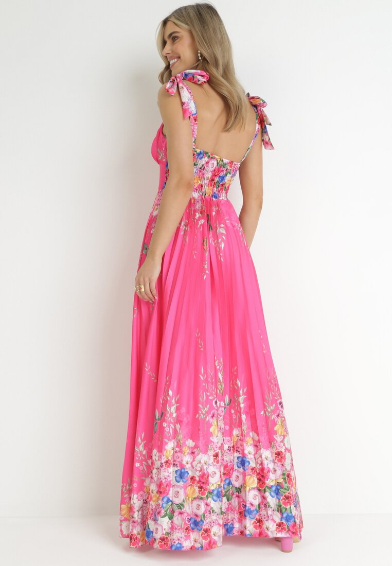 Fuksjowa Sukienka Maxi na Ramiączkach z Cienkimi Gumkami i Plisowanym Dołem Sidona