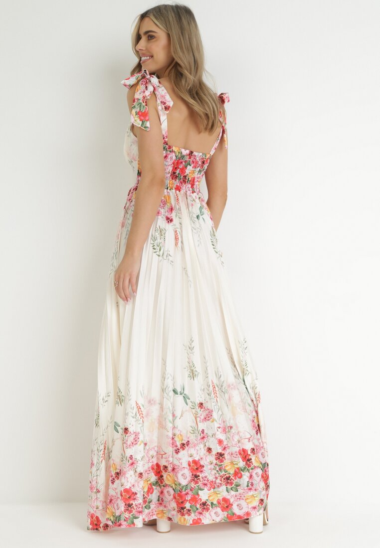 Beżowa Sukienka Maxi na Ramiączkach z Cienkimi Gumkami i Plisowanym Dołem Sidona