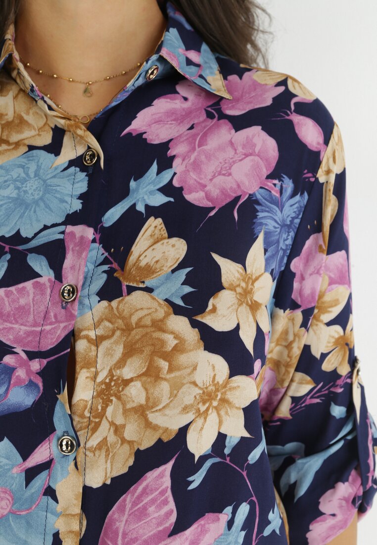 Granatowa Dłuższa Koszula z Wiskozy w Kwiaty Palsenoi