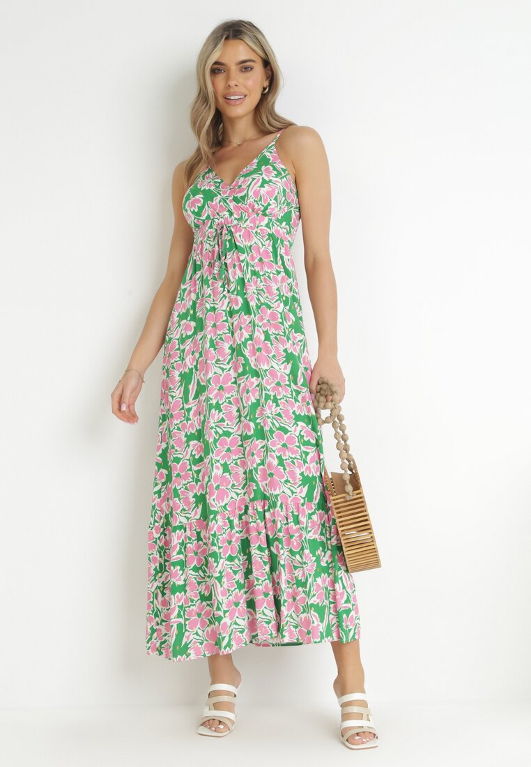 Zielona Sukienka Maxi z Wiskozy z Błyszczącym Nadrukiem w Kwiaty Lerin