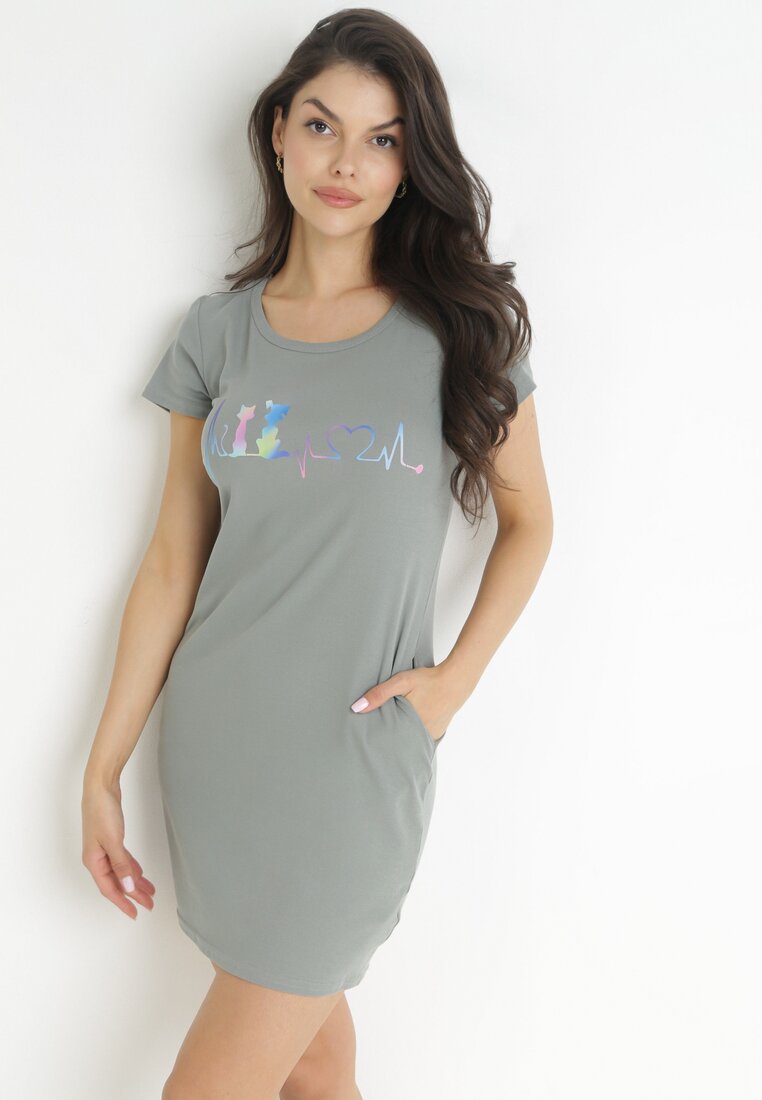 Ciemnozielona Sukienka T-shirtowa Mini z Nadrukiem Omnia