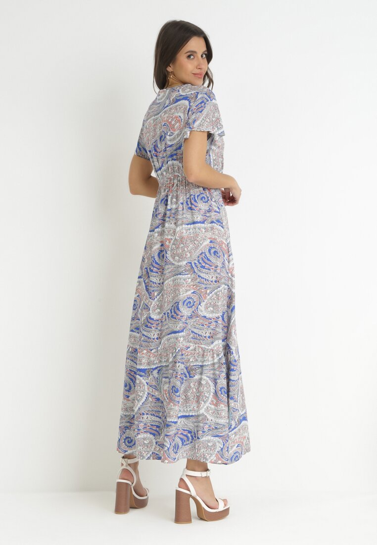Granatowa Sukienka z Wiskozy w Etno Wzór z Gumką w Talii Munira