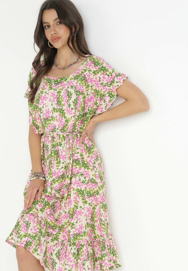Różowo-Zielona Bawełniana Sukienka w Kwiaty z Falbanką Przy Ramionach Charlota