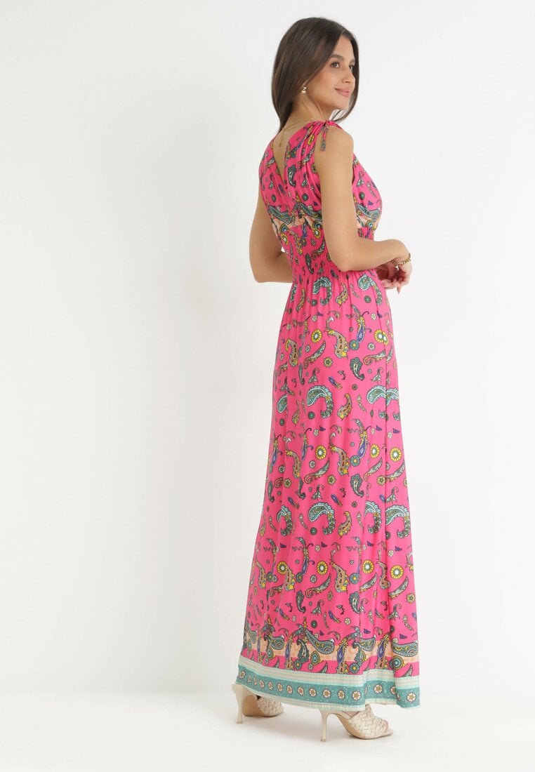 Różowa Sukienka Maxi z Gumką w Pasie i Głębokim Dekoltem we Wzór Paisley Emmatta
