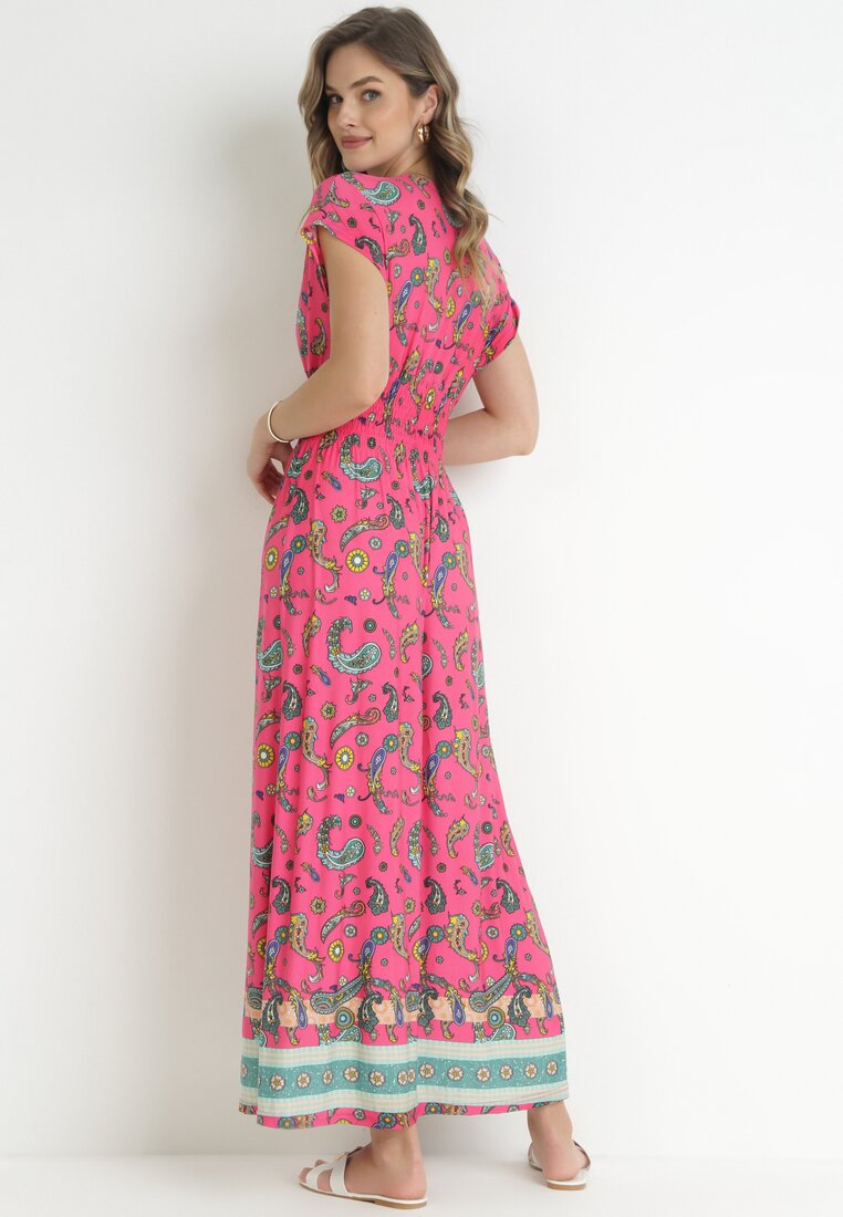 Różowa Kopertowa Sukienka Maxi z Gumką w Pasie we Wzór Paisley Anitte