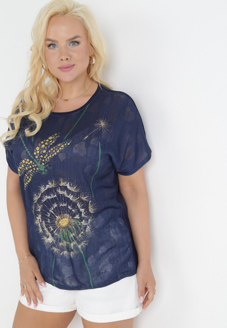 Granatowy T-shirt z Nadrukiem z Cyrkonii Anatisa