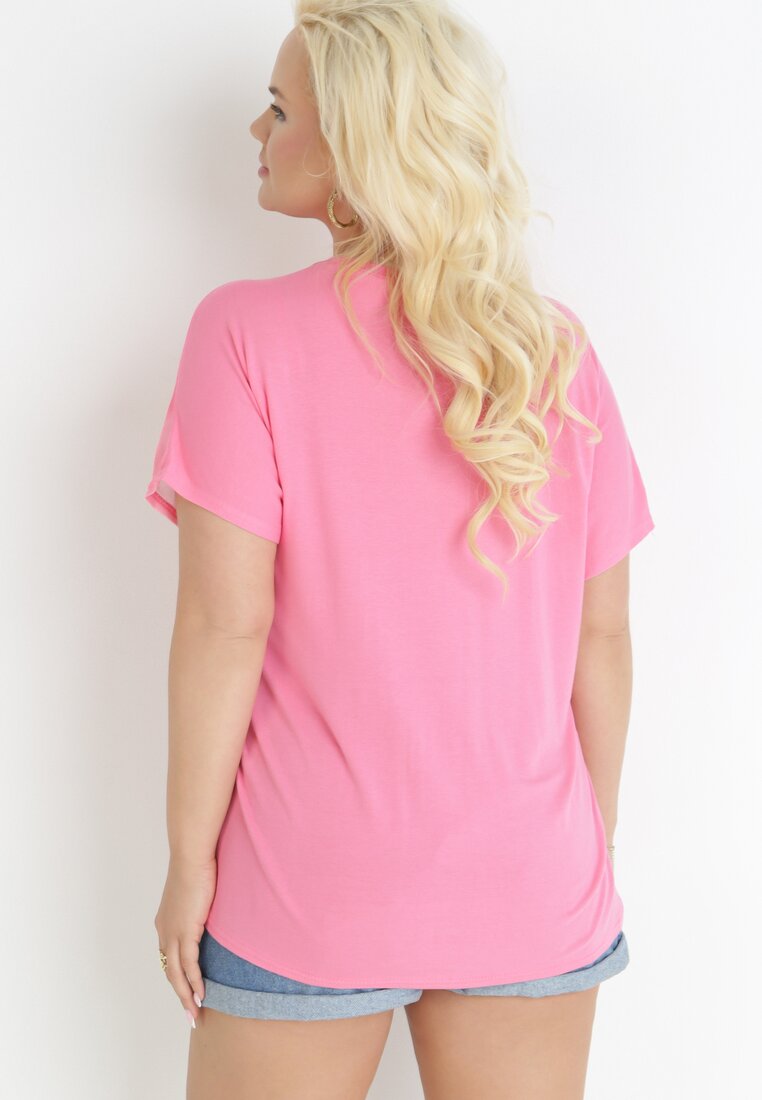 Fuksjowy Bawełniany T-shirt z Błyszczącym Nadrukiem Aseda