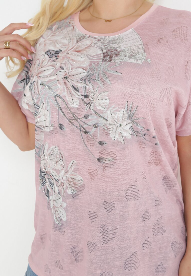 Różowy T-shirt Ozdobiony Cyrkoniami i Nadrukiem w Kwiaty Mollin