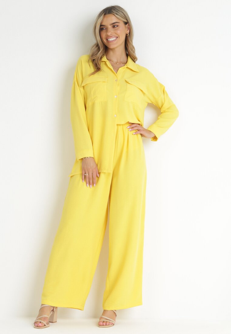 Żółty 2-częściowy Komplet Oversize z Koszulą i Szerokimi Spodniami Tialla
